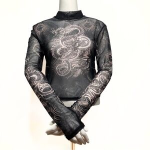 BDG Dragon Celestial Sheer Black Mesh Top Womens SZ L Grunge Y2K Whimsigoth Art
